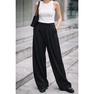 Roucha Wide Leg Trousers Black Pleated High Waist Minimalist Chic Quiet Luxury L